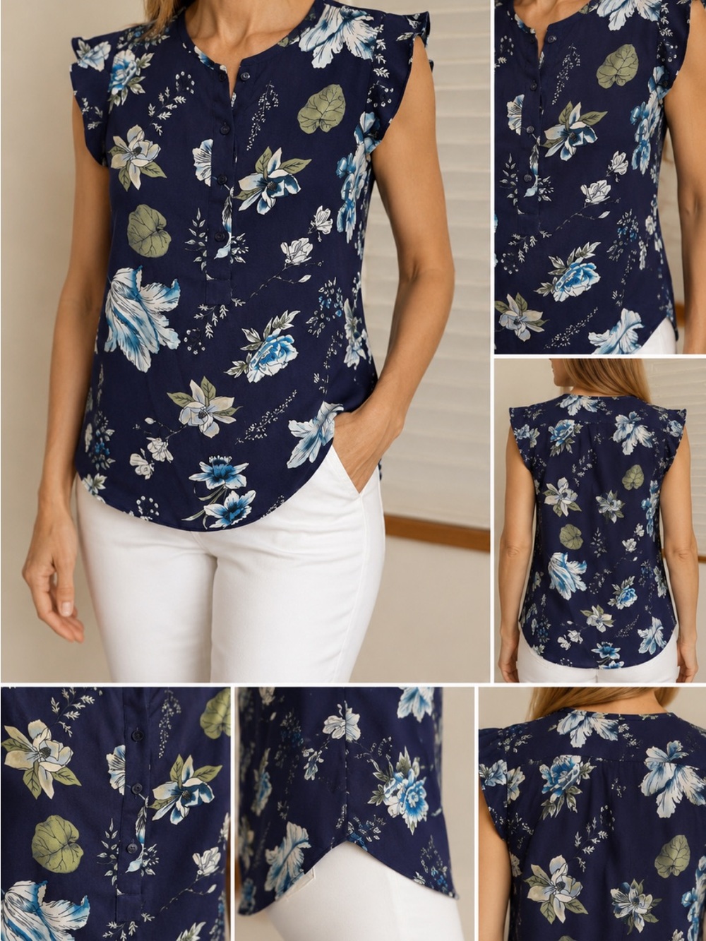 LOFT Navy Floral Cap-Sleeve Button-Front Blouse